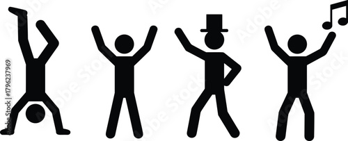 Stick figure people performing fun activities, handstand, dancing, celebrating, music notes, playful cartoon icons, simple activity illustration vector