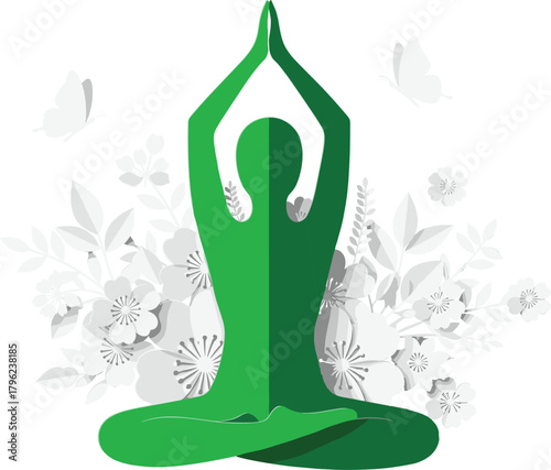 Green yoga silhouette, meditation pose, lotus position figure, wellness and mindfulness concept, floral background, peaceful lifestyle design, health and relaxation theme illustration