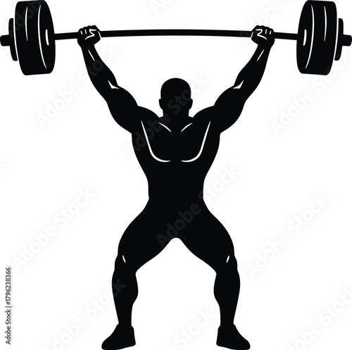 Strong silhouette weightlifter lifting heavy barbell overhead in powerful pose, fitness strength training illustration for gym branding and motivation