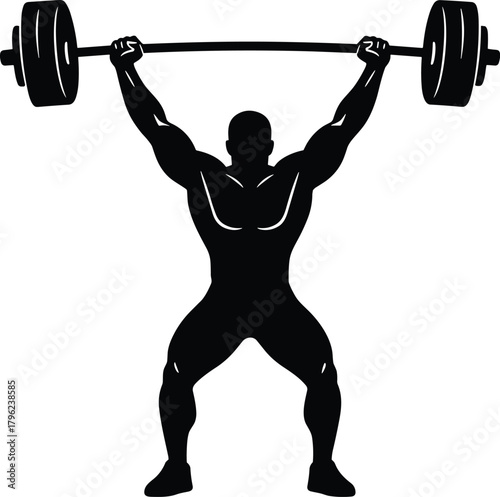 Strong weightlifter silhouette lifting heavy barbell overhead in fitness training action, bodybuilding strength exercise vector design for gym and sports illustrations