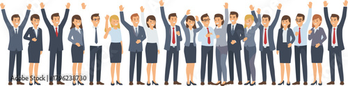 Successful diverse business team celebrating success, group of cheerful office employees raising hands together, teamwork achievement concept, corporate unity illustration