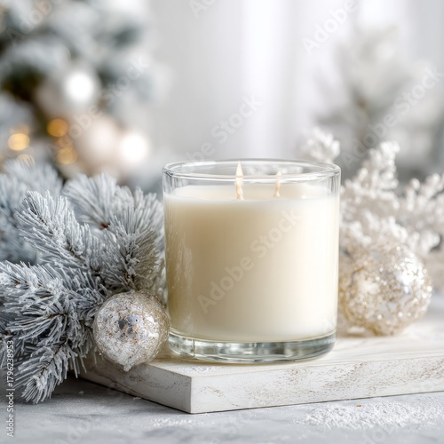 White Candle with Frosted Decor on a Soft Winter Background  