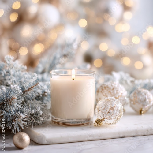 White Candle with Frosted Decor on a Soft Winter Background  