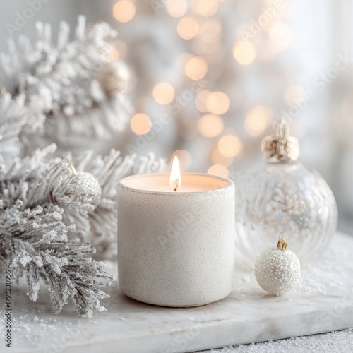 White Candle with Frosted Decor on a Soft Winter Background  