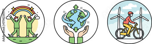 Sustainable living illustration, eco friendly lifestyle icons, renewable energy concept, people protecting earth, clean environment, green future vector design