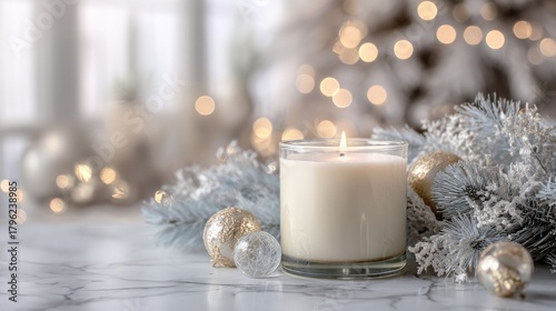 White Candle with Frosted Decor on a Soft Winter Background  