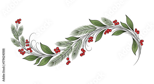 A decorative, flowing swag of winter foliage with green leaves and bright red berries on a white background.