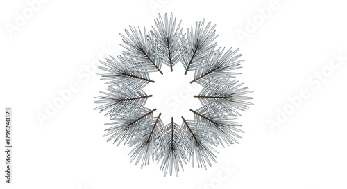 A circular arrangement of pine needles creating a snowflake-like pattern on a white background.