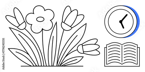 Flowers blooming beside an open book with a clock showing time. Ideal for themes of knowledge, nature, time management, learning, growth, mindfulness, inspiration. Simple flat metaphor