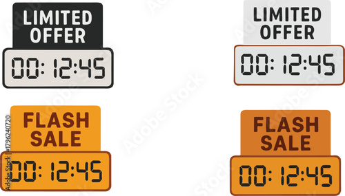 Set of digital countdown timers with limited offer and flash sale labels in black, white, and orange color variations
