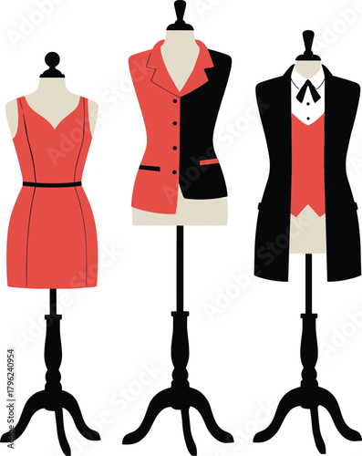 Fashion mannequin display with stylish dress, blazer outfit, formal suit, boutique clothing illustration, elegant apparel design, trendy fashion concept
