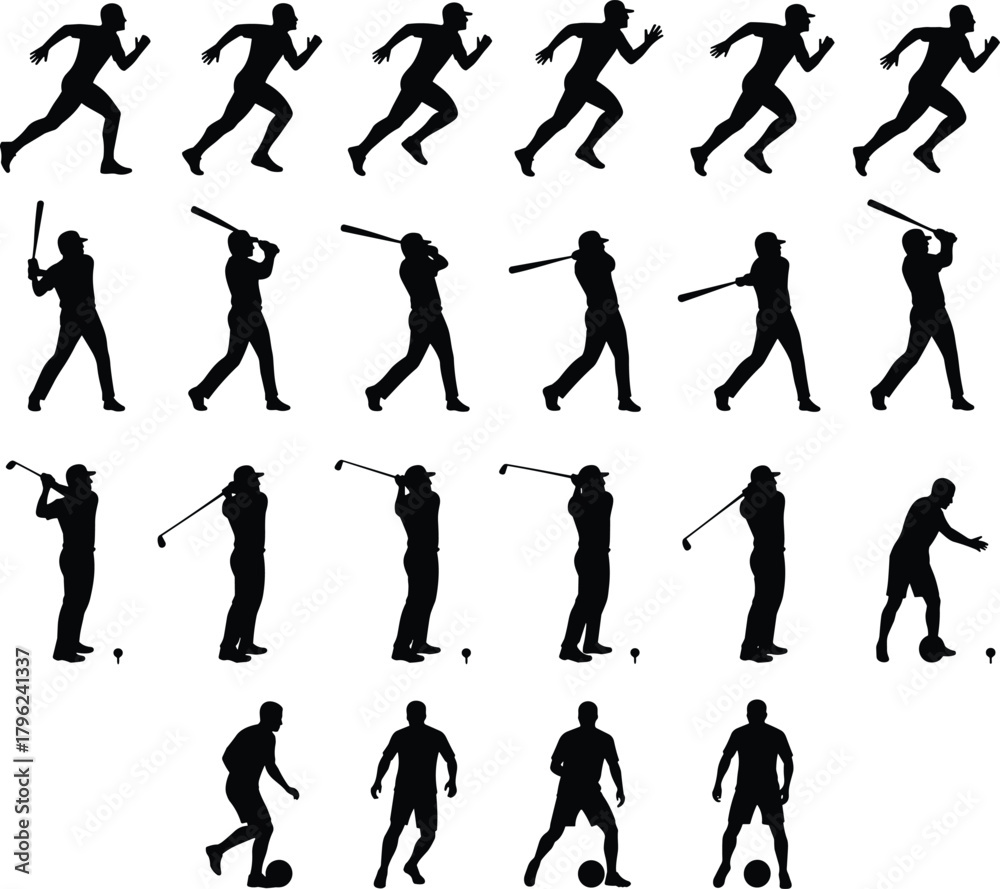 Obraz premium Silhouette athletes performing running, baseball swinging, golf hitting, and soccer movements, dynamic sports action icons for fitness, training, activity illustrations
