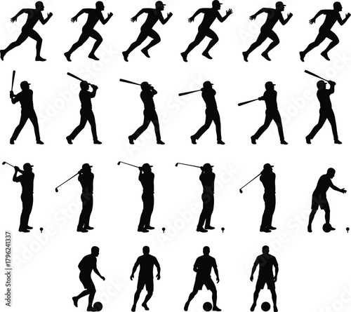 Silhouette athletes performing running, baseball swinging, golf hitting, and soccer movements, dynamic sports action icons for fitness, training, activity illustrations