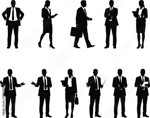 Silhouette business people standing walking talking, teamwork communication illustration, corporate professionals in suit and tie for office presentation concept