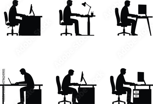 Silhouette collection of office workers sitting at desks using computers and laptops, workplace illustrations for business, productivity, corporate design concepts