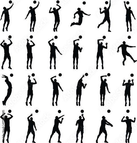 Silhouette collection of volleyball player jumping, serving, hitting and spiking ball, dynamic athletic poses showing sports action, energy and competitive movement