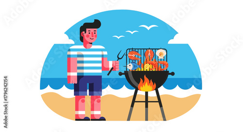 Coastal Cookout: Man Grilling Seafood on the Beach with Blue Sea and Flying Seabirds
