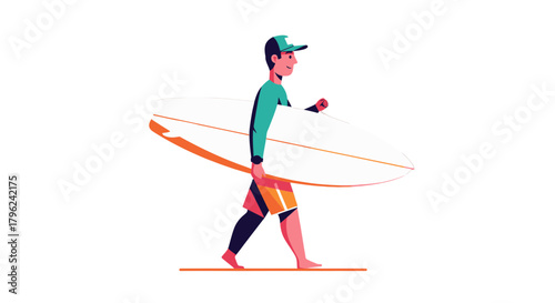 Coastal Commute: A Cartoon Surfer Strolling Towards Anticipated Waves Amidst Night