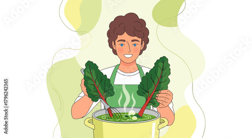 Cheerful Chef Preparing Delicious Fresh Vegetable Soup With Garden Harvest Ingredients