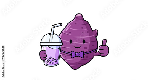 Cheerful Purple Sweet Potato With Boba Tea Giving Thumbs Up On A Black Background