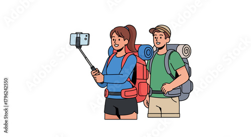 Couple Captures Memories While Hiking, Using a Smartphone and Backpacks