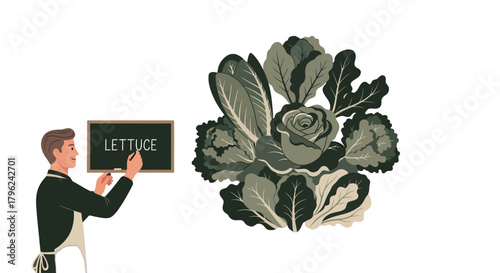 Chef Announcing Fresh Lettuce Next To Floral Arrangement on Dark Background