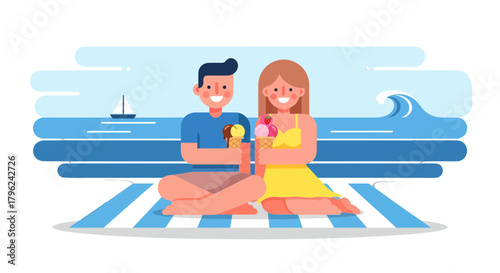 Couple Enjoying Ice Cream on Beach Blanket With Ocean View Celebrating Summer