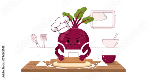 Chef Beetroot Preparing Dough And Baking In The Kitchen In A Minimalist Flat Illustration