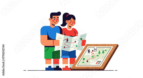 Couple Exploring Journey With A Map Planning A Hike Adventure Together