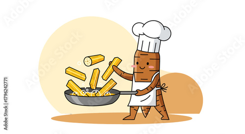 Chef Cassava Joyfully Fries Food, A Culinary Illustration For Delicious Dishes