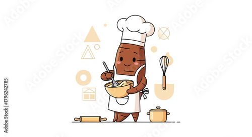 Chef Character Baking, Whisking Ingredients in A Bowl, Culinary Concept Illustration