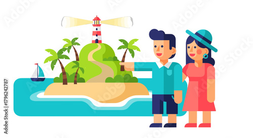Couple Exploring Tropical Island Paradise With Lighthouse and Serene Landscape