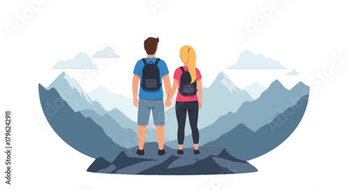 Couple Holds Hands While Standing on Mountain Peaks Enjoying Adventure Together
