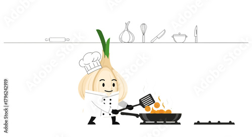 Chef Onion Preparing Culinary Delights Using Professional Kitchen Utensils Artwork