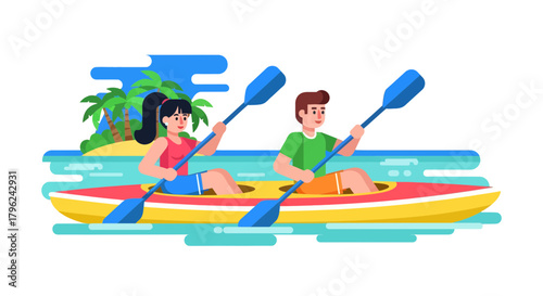 Couple Kayaking Together Around Tropical Island during a Sunny Day on Vacation Getaway