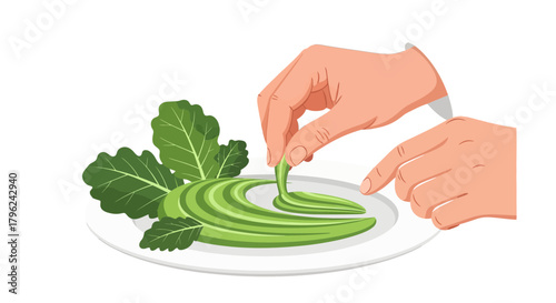 Chef Plating Exquisite Food, Artistic Presentation of Fresh Vegetables on a Plate
