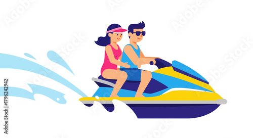 Couple Joyfully Riding Jet Ski On Vacation: Summer, Fun, and Adventure