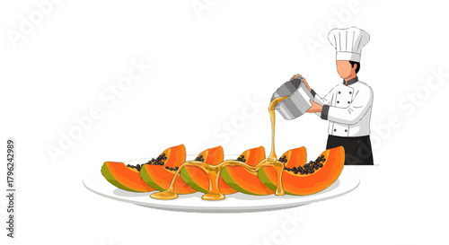 Chef Prepares Fresh Papaya Slices on Plate with Golden Sauce for Culinary Presentation