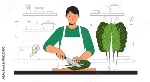 Chef Prepares Fresh Green Vegetable Ingredients to Create a Delicious Meal at Home