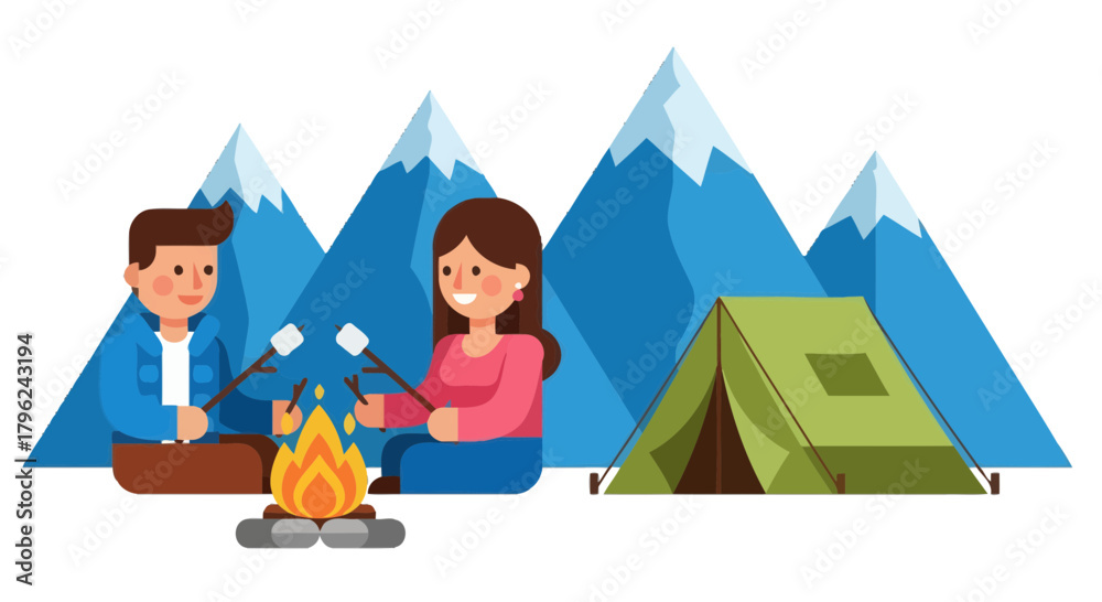 Fototapeta premium Couple Roasting Marshmallows Near a Campfire With Mountains in the Background