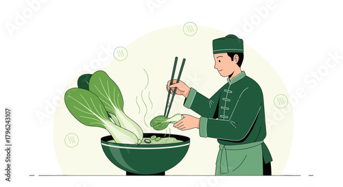 Chef Preparing Culinary Dish with Bok Choy, Food Illustration, and Kitchen Utensils