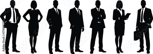 Silhouette group of business professionals standing in confident poses wearing formal office attire for corporate leadership, teamwork and business concept