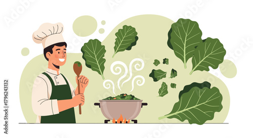 Chef Preparing Fresh Green Meal In a Pot to Cook with Fresh Leaves on Black Background