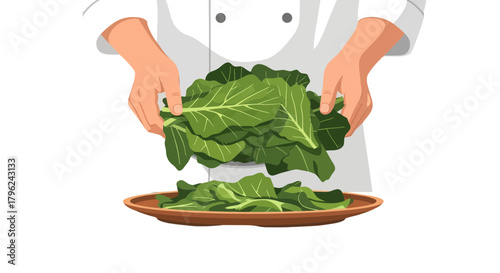 Chef Preparing Fresh Greens on a Plate, Perfect for Culinary, Dietary and Healthy Living Content