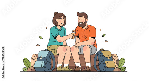 Couple Resting On A Log While Enjoying A Snack During Their Hiking Adventure