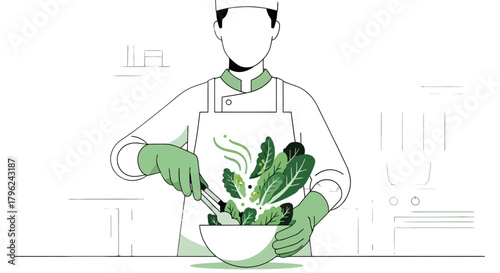 Chef Preparing Fresh Salad with Vibrant Green Vegetables in Contemporary Kitchen Setting