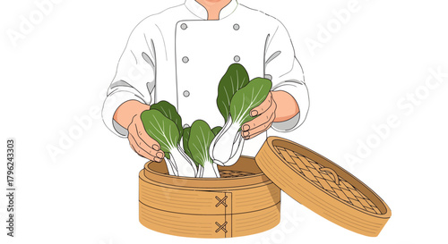 Chef Preparing Vegetables For Steaming In Bamboo Steamer Delicious And Healthy Meal