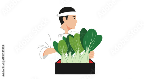 Chef Preparing Vegetables with Fresh Bok Choy in Black Background Illustration