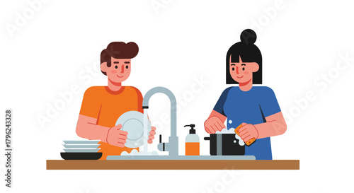 Couple Washing Dishes Together in a Kitchen Sink, Domestic Life Vector Illustration