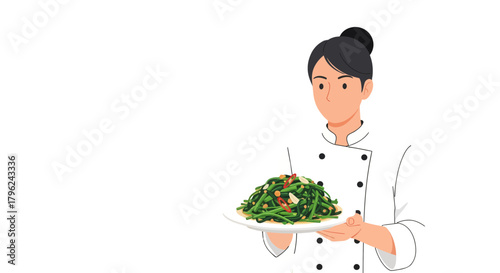 Chef Presenting Deliciousness: A Culinary Maestro With Plate Of Freshly Cooked Greens